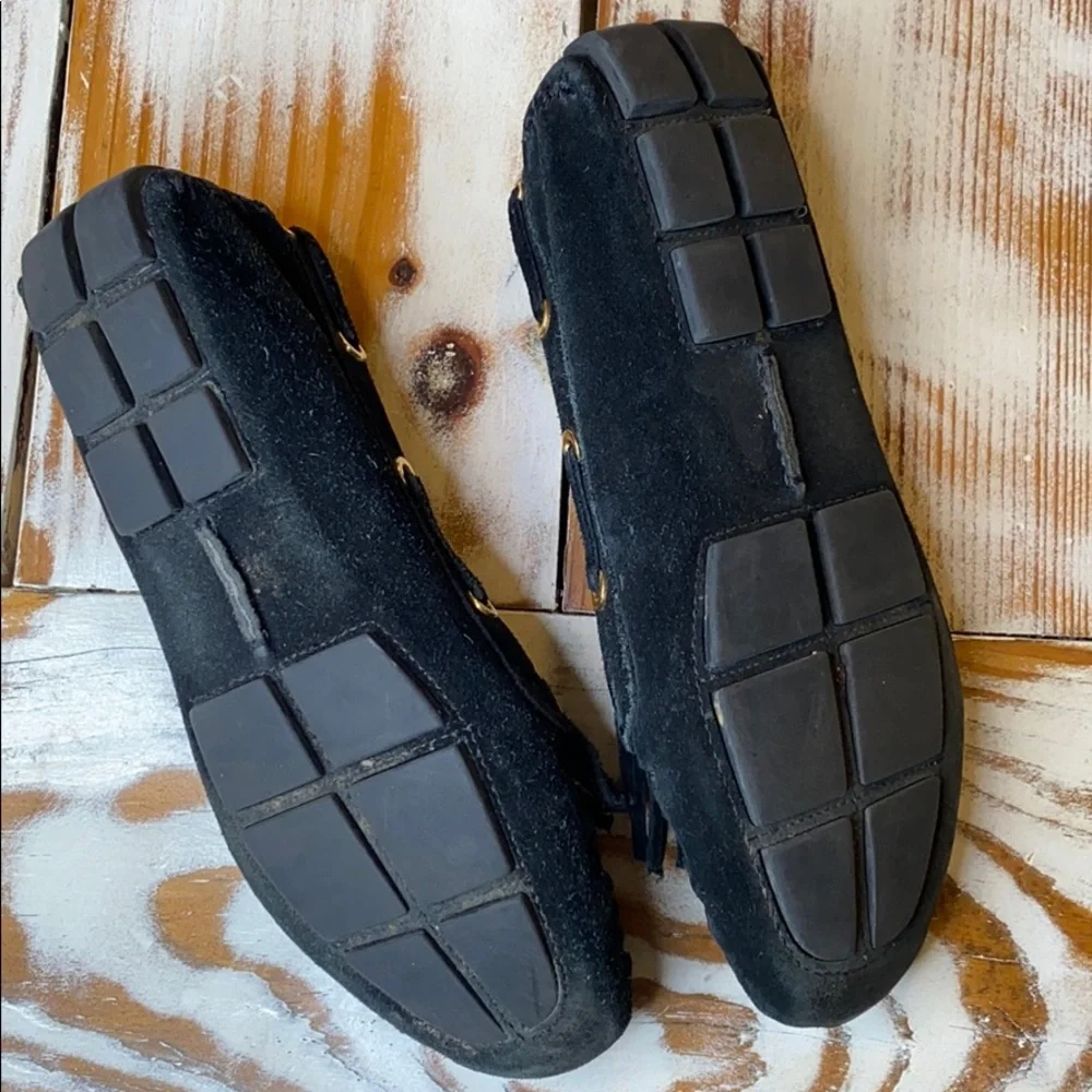 Tory Burch Black Gold Logo Suede Leather Loafer Shoes Size 6.5